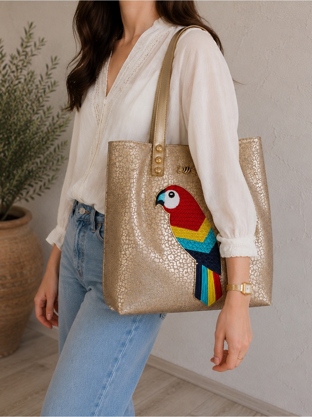 Ana Banana Top Handles Purse Handbag Tropical Design Gold Color Parrot